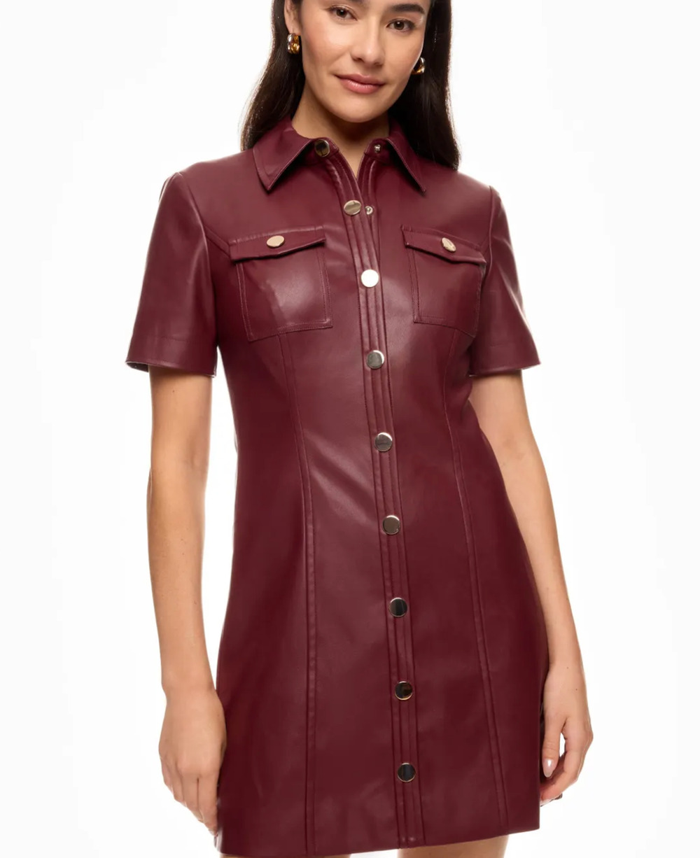 Toccin Burgundy Faux Leather Mini Shirt Dress Size 8 Career Office Designer $600